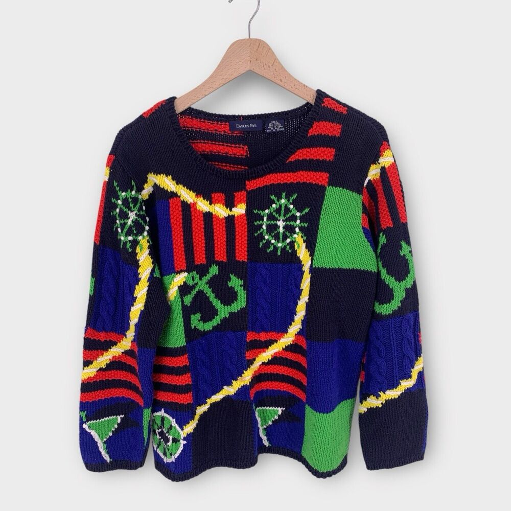 Vintage 90s Eagle's Eye Knit Sweater Coastal Nautical Sailboat L